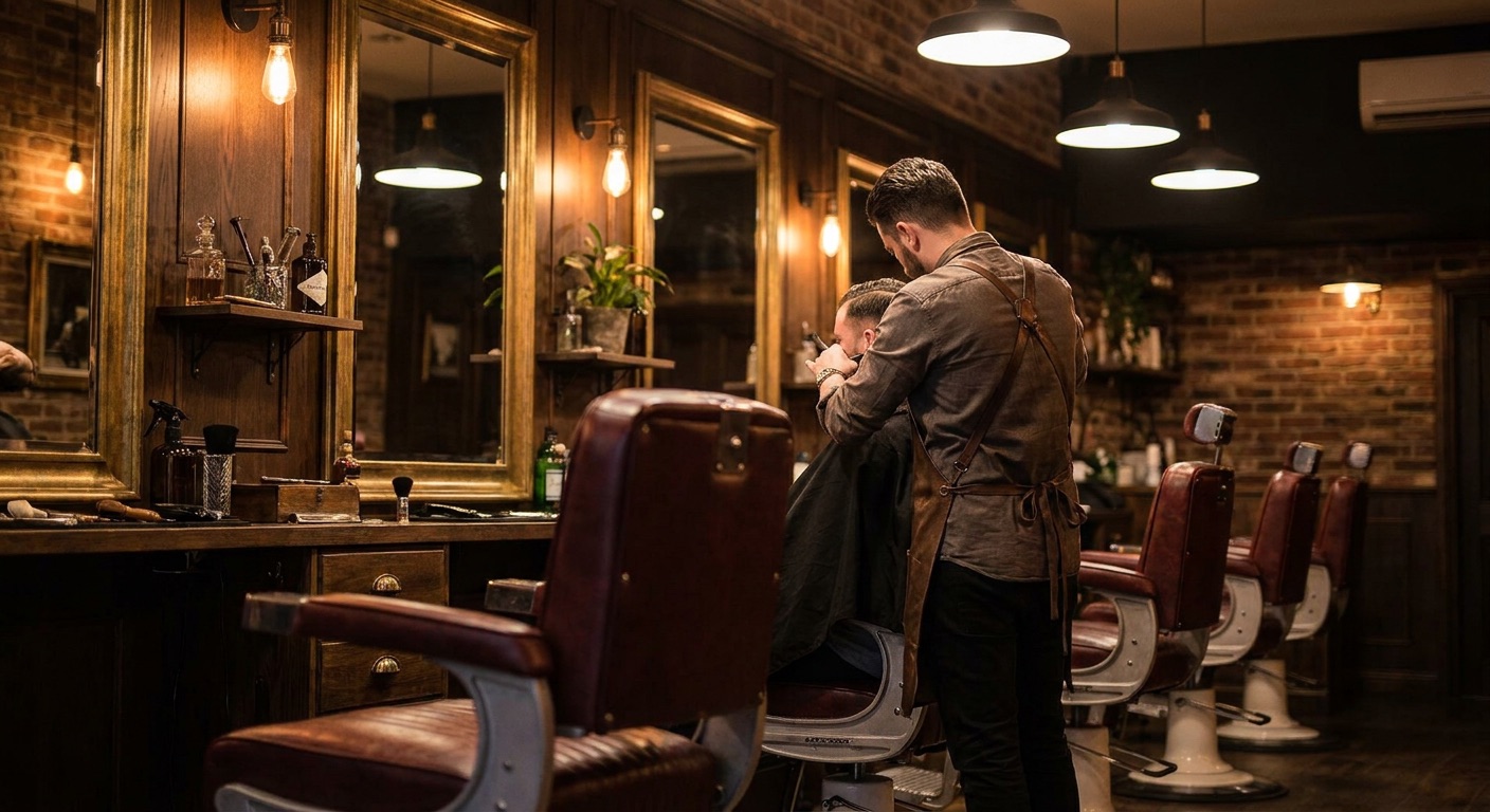 Inside Blackwood & Co., a barber at the chair